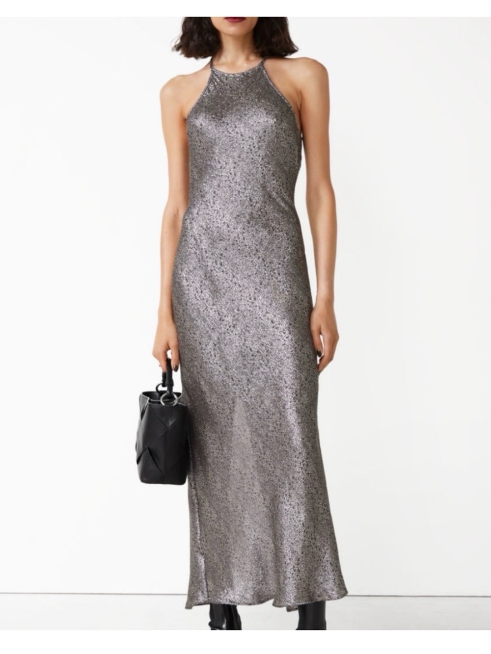 Sleek Metallic Halter Maxi Dress in Silver